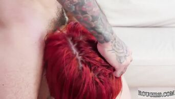 Redheaded debaucher does blowjob and gives in anal