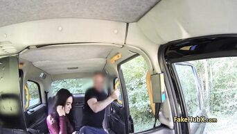 A taxi driver in the car engaged in oral and vaginal sex with a chic brunette
