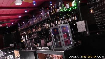 Drunken crowd of white men fucks black slut in bar