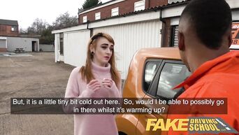 Fake Driving School Redhead horny minx quirts on mechanics big black cock