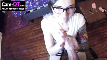 Hot babe with glasses loves sucking cock