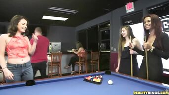 Barman fucks two drunken girls in a billiard club