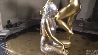 Silver Asian goddess has sex with Japanese golden god