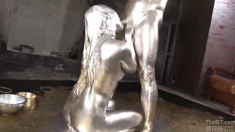Silver Asian goddess has sex with Japanese golden god