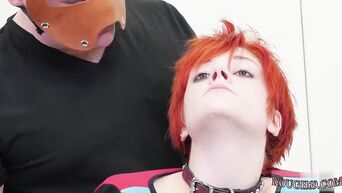Red-haired slave crawls on floor like dog, trying to satisfy two partners