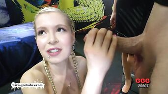 Gangbang, bukkake and sperm on face for young blonde with pigtails